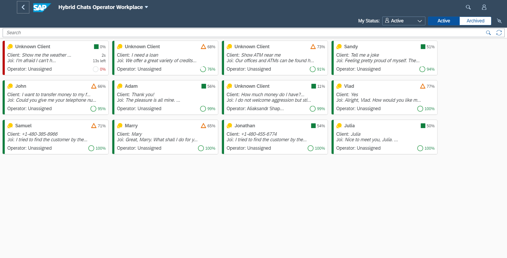 Conversational Dashboard. Green, Orange and Red Dialogues