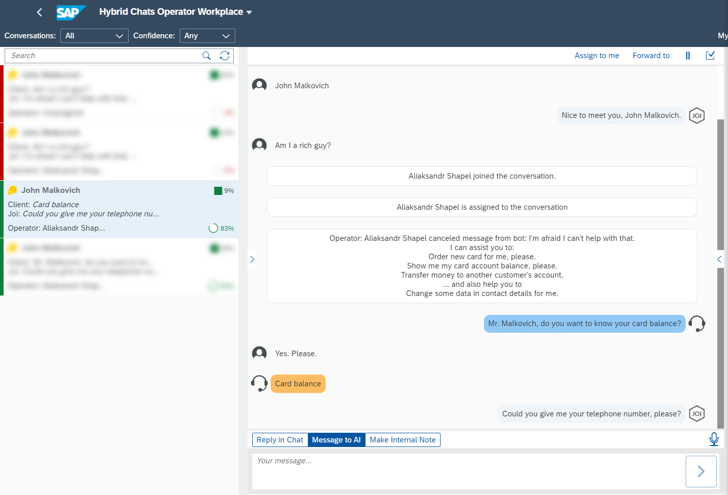 Operator adjusts the dialogue and activates cognitive automation scenario